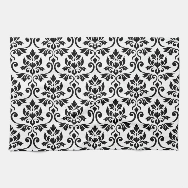 Linge De Cuisine Feuille Damask Grand Motif noir sur blanc (Horizontal)