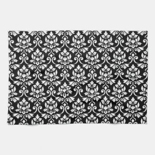 Linge De Cuisine Feuille Damask Patte blanc sur noir