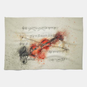 Linge De Cuisine Feuille d'aquarelle Musique et violon