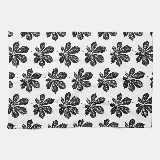 Linge De Cuisine Feuille de châtaignier noir et blanc (Horizontal)