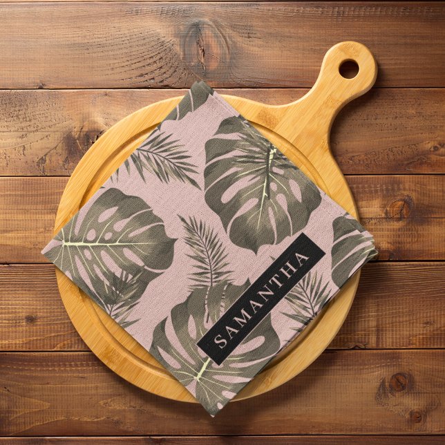 Linge De Cuisine Feuille Tropical Pink & Gold Palm Motif et nom (Créateur téléchargé)