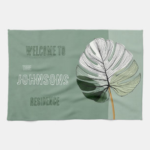 Linge De Cuisine Feuille tropicale minimaliste avec nom de famille