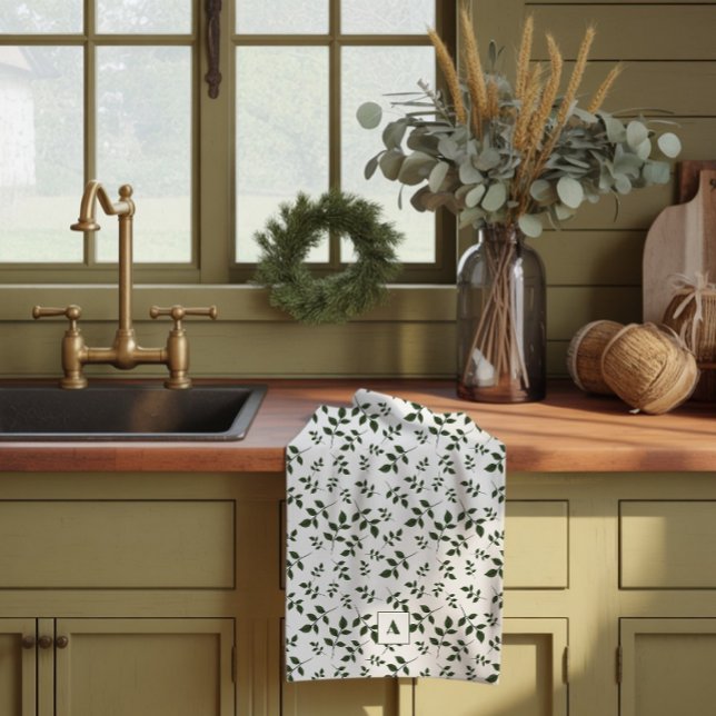 Linge De Cuisine Feuilles à motif vert blanc monogramme (Créateur téléchargé)