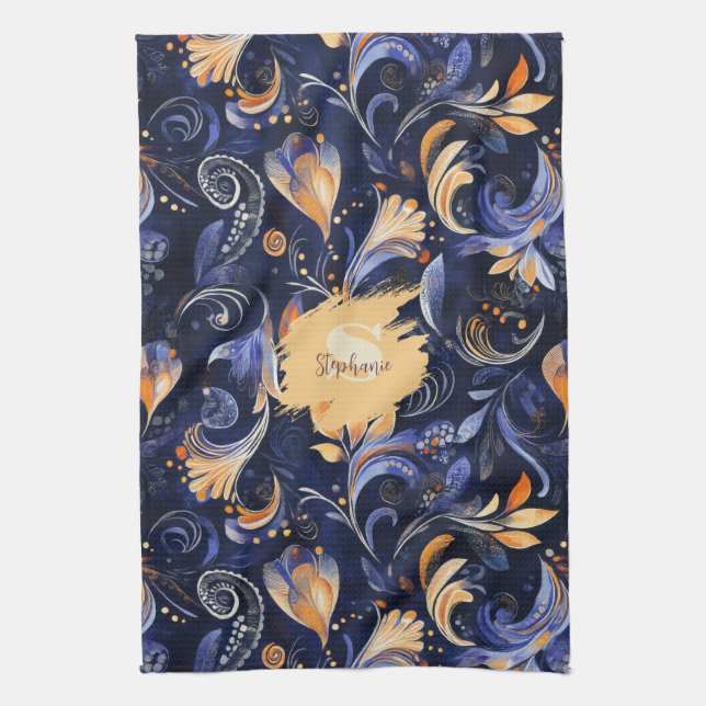 Linge De Cuisine Feuilles Abstraits Paisley bleu et or (Vertical)