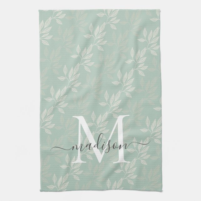 Linge De Cuisine Feuilles botaniques Turquoises modernes Monogramme (Vertical)