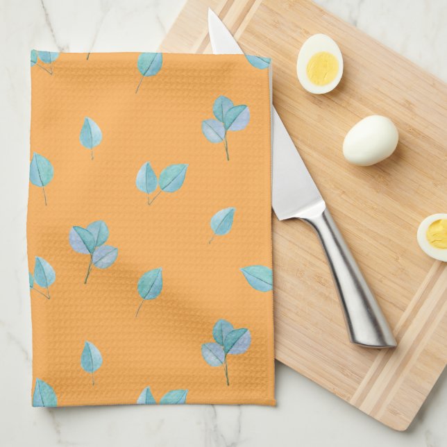 Linge De Cuisine Feuilles branchés d'Eucalyptus sur Marigold (Quart Plié)