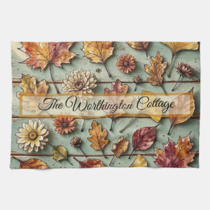 Linge De Cuisine Feuilles d'automne à l'aquarelle et bois rustique