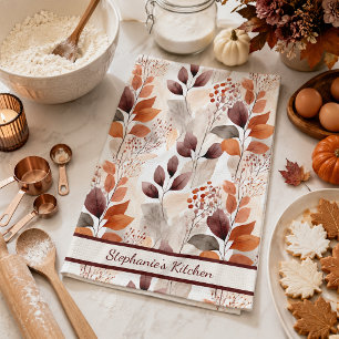 Linge De Cuisine Feuilles d'automne de Terracotta et de Bourgogne  