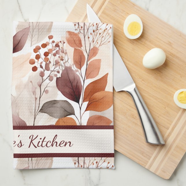 Linge De Cuisine Feuilles d'automne de Terracotta et de Bourgogne | (Quart Plié)