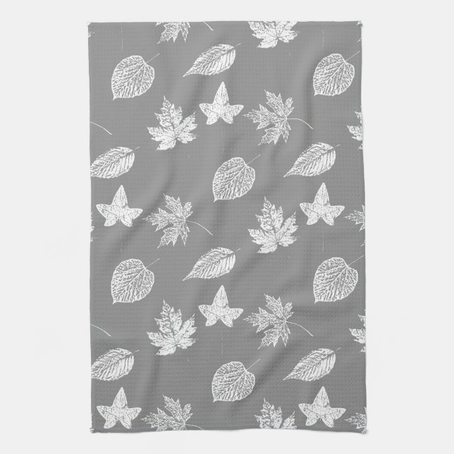 Linge De Cuisine Feuilles d'automne - gris argenté et blanc (Vertical)
