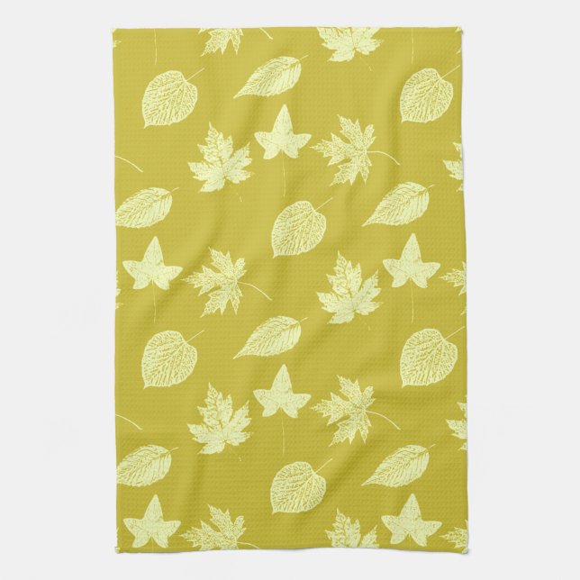 Linge De Cuisine Feuilles d'automne - moutarde et jaune clair (Vertical)