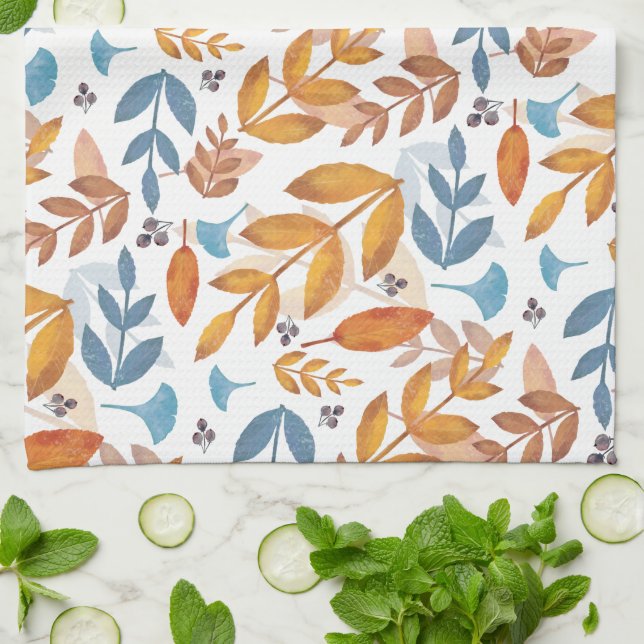 Linge De Cuisine Feuilles d'automne orange brûlé et bleu (Plié)