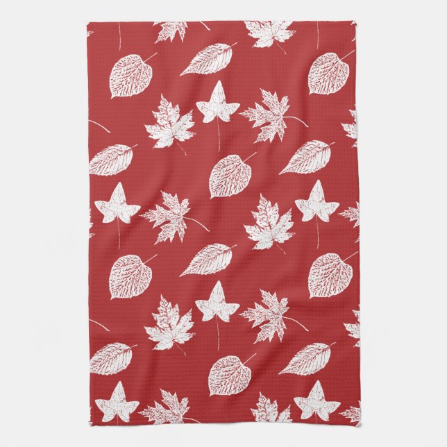 Linge De Cuisine Feuilles d'automne - rouge profond et blanc  (Vertical)
