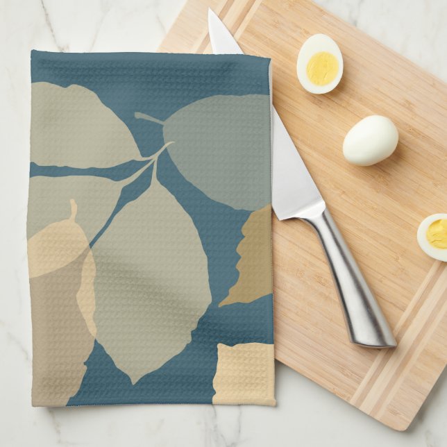 Linge De Cuisine Feuilles de automne modernes sur fond sarcelle (Quart Plié)