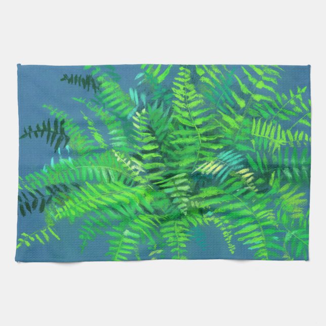 Linge De Cuisine Feuilles de fougères, design floral, verdure, bleu (Horizontal)