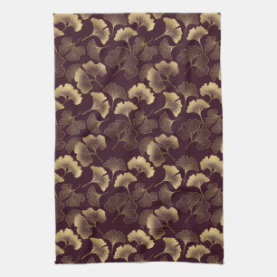 Linge De Cuisine Feuilles de Ginkgo dorées luxueuses sur un Bourgog