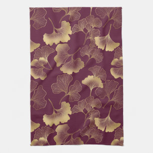 Linge De Cuisine Feuilles de Ginkgo en Or Luxueux sur Bourgogne Pro
