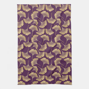 Linge De Cuisine Feuilles de Ginkgo en Or Luxueux sur Fond Violet F