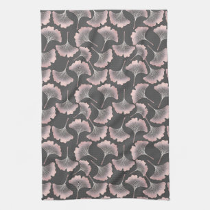 Linge De Cuisine Feuilles de Ginkgo Roses Élégantes sur Fond Noir