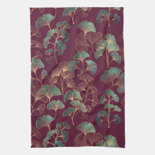 Linge De Cuisine Feuilles de Ginkgo sarcelle et or sur fond bordeau