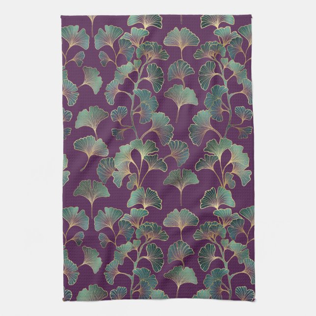 Linge De Cuisine Feuilles de Ginkgo Tael de Luxe sur Fond Violet Fo (Vertical)