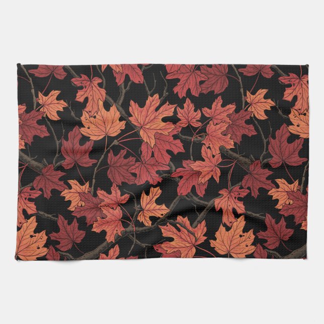 Linge De Cuisine Feuilles de l'érable d'automne rouge sur fond noir (Horizontal)