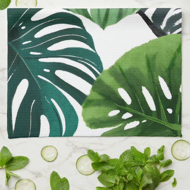 Linge De Cuisine Feuilles de Monstera Aquarelle Botanique Moderne (Plié)