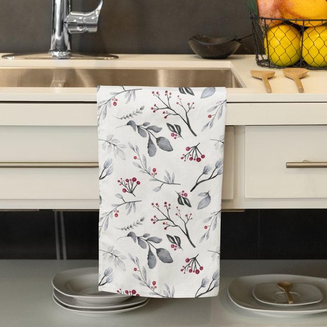 Linge De Cuisine Feuilles de Noël et baies élégants (Classic Elegant Christmas Leaves and Berries Kitchen Towel
)