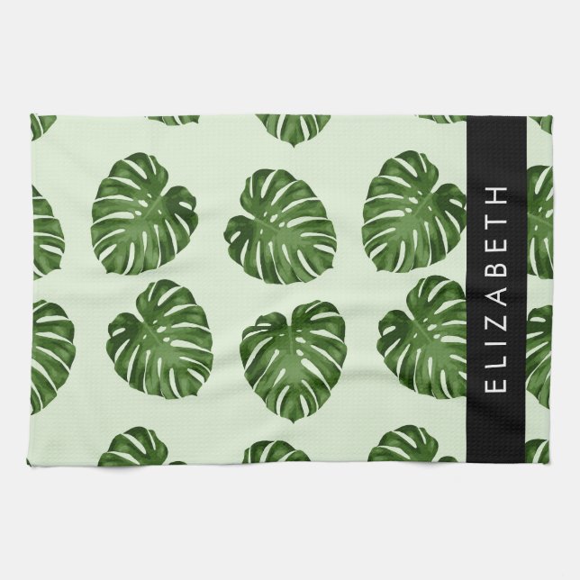 Linge De Cuisine Feuilles de palme, Motif tropical, Votre nom (Horizontal)