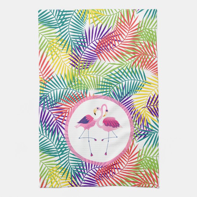 Linge De Cuisine Feuilles de palme tropicale stylisées et Flamants  (Vertical)