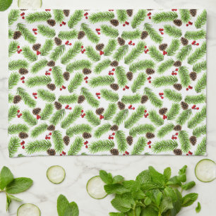 Linge De Cuisine Feuilles de pin vert de Noël, cônes et baies rouge