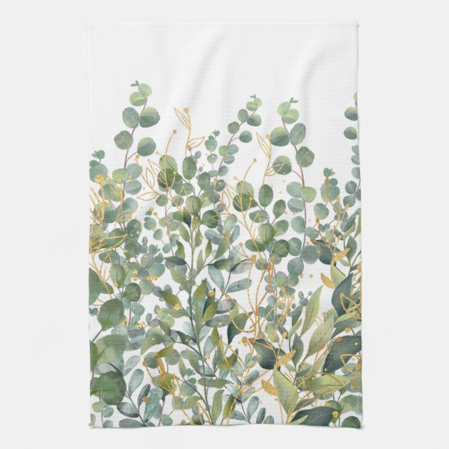Linge De Cuisine Feuilles D'Eucalyptus Botanique Or Et Vert (Vertical)