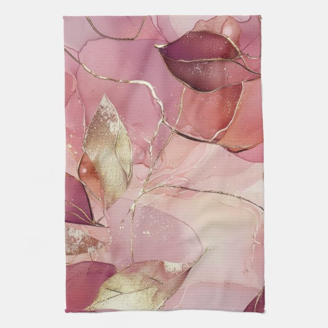 Linge De Cuisine Feuilles dorées Bourgogne rose pâle  (Vertical)