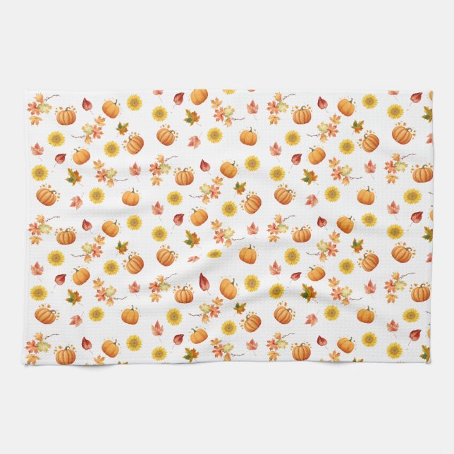 Linge De Cuisine Feuilles et Citrouilles d'aquarelle (Horizontal)