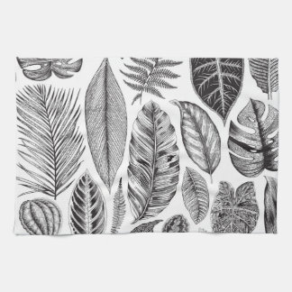 Linge De Cuisine Feuilles exotiques, vintage floral noir et blanc.