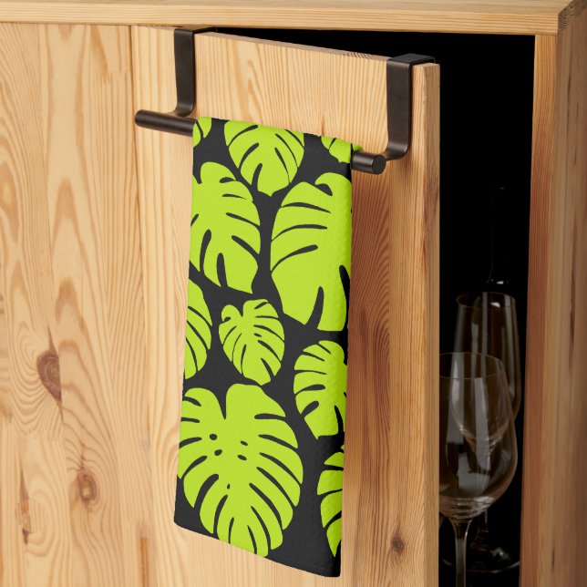 Linge De Cuisine Feuilles Monstera en Lime Vert et noir (Pliage en tiers)