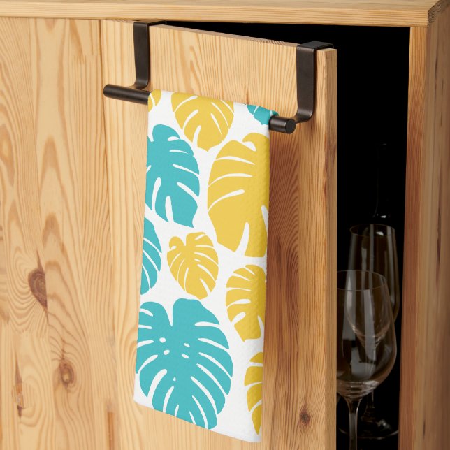 Linge De Cuisine Feuilles Monstera en Turquoise, Jaune et Blanc (Pliage en tiers)