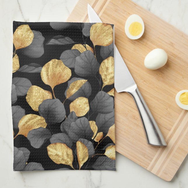 Linge De Cuisine Feuilles noirs et or. Motif (Quart Plié)