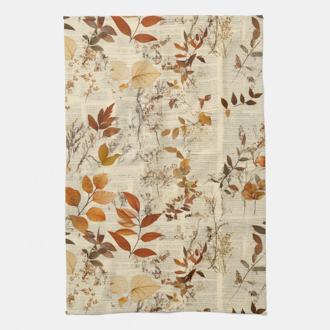 Linge De Cuisine Feuilles Rustiques Brun Doré - Texture Automnale V (Vertical)