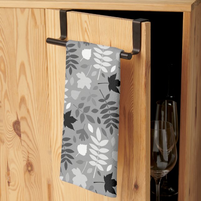 Linge De Cuisine Feuilles tombés Motif Rpt Monochrome sur gris (Pliage en tiers)