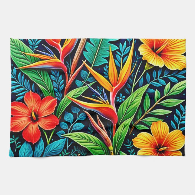 Linge De Cuisine Feuilles Tropicales Fleurissent Art (Horizontal)