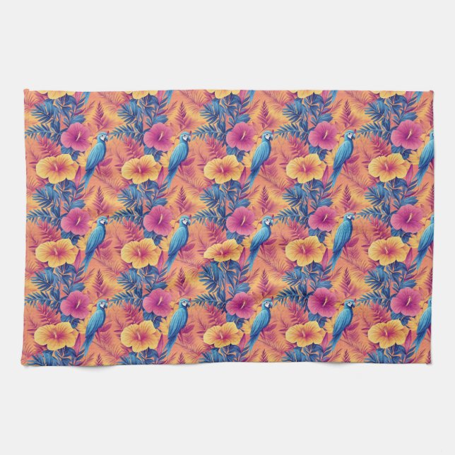 Linge De Cuisine Feuilles tropicaux et perroquets Motif d'été (Horizontal)