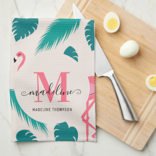 Linge De Cuisine Feuilles tropicaux Flamant rose rose chaud Monogra