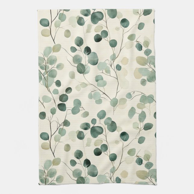Linge De Cuisine Feuilles Vertes Terreuses avec Fond Crème d'Automn (Vertical)