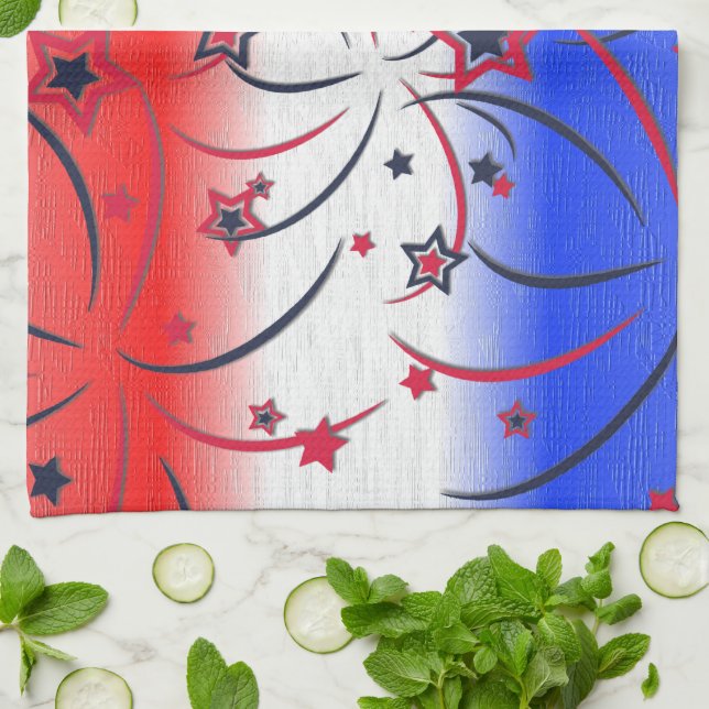 Linge De Cuisine Feux d'artifice sur Bleu Blanc Rouge (Plié)