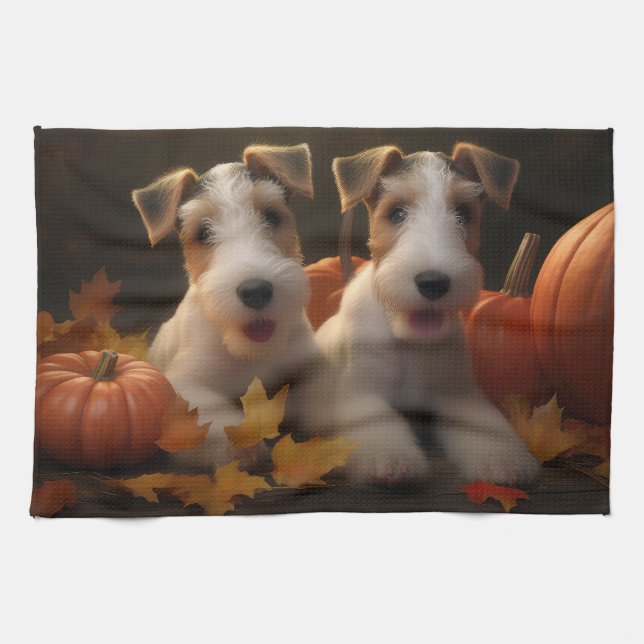 Linge De Cuisine Fil Fox Terrier Puppy Automne Citrouille de plaisi (Horizontal)