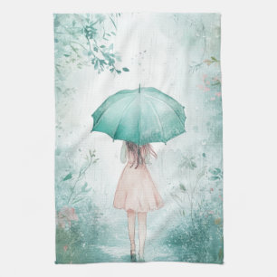 Linge De Cuisine Fille au parapluie sarcelle Jardin pluvieux