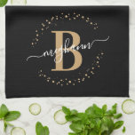 Linge De Cuisine Fille Elegant Noir Nom Monogramme Script<br><div class="desc">Fille, élégant, moderne, noir et or monogramme nom initial script personnalisé monogrammed serviette de cuisine monogrammée personnalisée. Doté d'une initiale monogramme et d'un script de nom de girly dans une police de caractères de calligraphie lettrée et d'un cadre de cercle pointillé autour de votre monogramme. Un cadeau féminin parfait pour...</div>