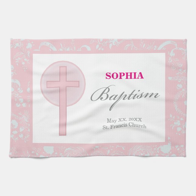 Linge De Cuisine Fille en dentelle rose Baptême (Horizontal)
