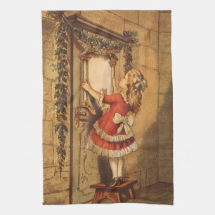 Linge De Cuisine Fille victorienne de Noël vintage accrochant une g